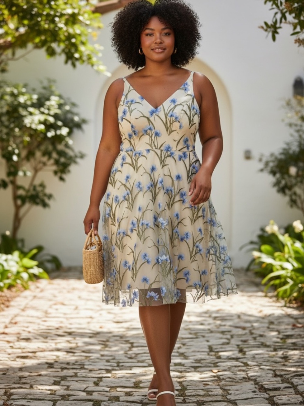Eliza J Women’s Cream Blue Floral Mesh Embroidered Midi Dress